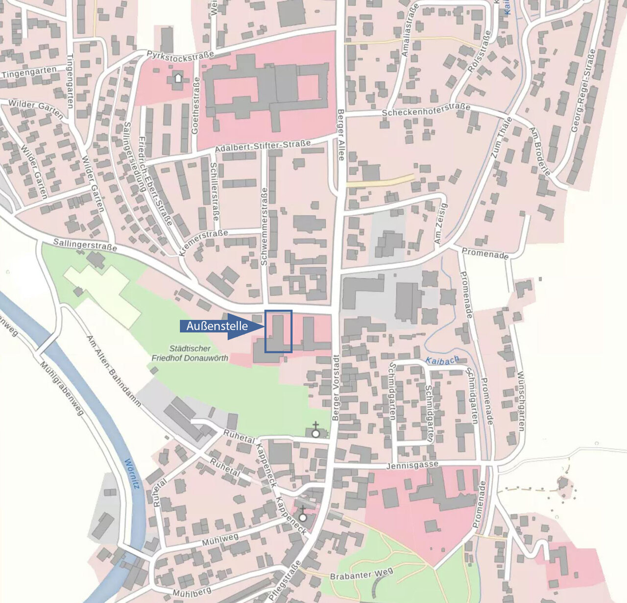  Lageplan mit Markierung der Außenstelle Donauwörth, Sallingerstraße 2.