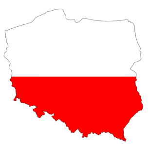 Umriss der Ländergrenzen Polens, eingefärbt in weiß-rot (horizontal geteilt, Farben der polnischen Flagge)