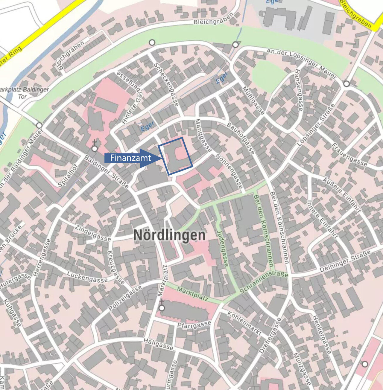  Lageplan mit Markierung des Finanzamts Nördlingen, Tändelmarkt 1.